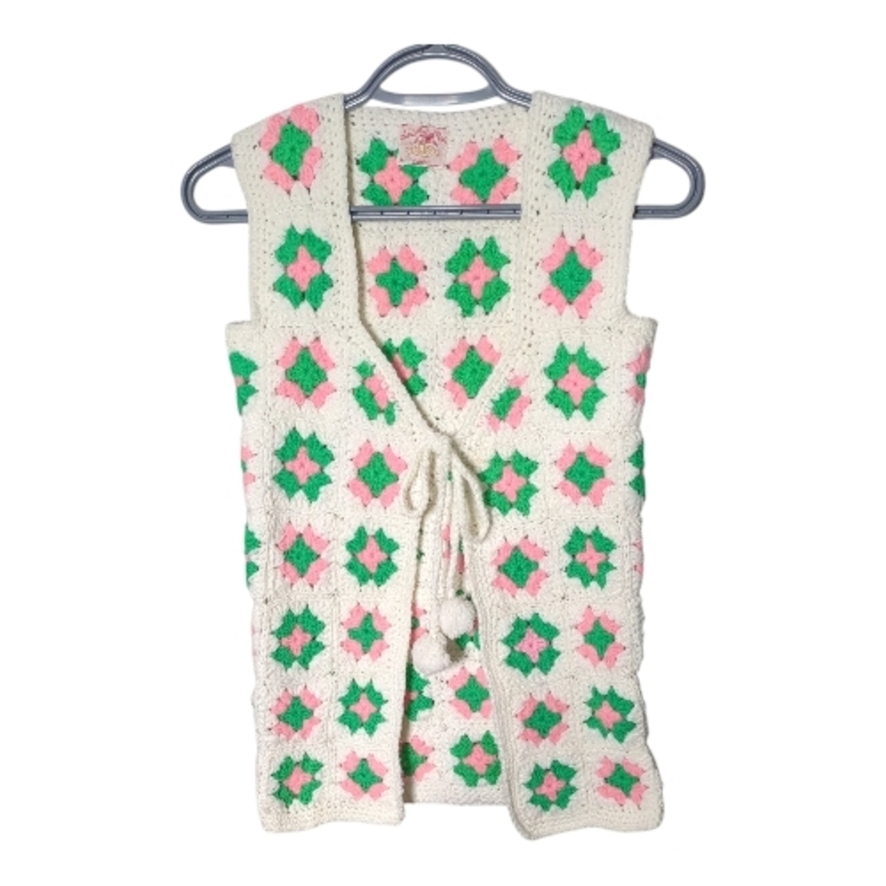 Vintage Boho Hand Knit Granny Square Crochet Sweater Vest‎ White/Green/Pink XS
